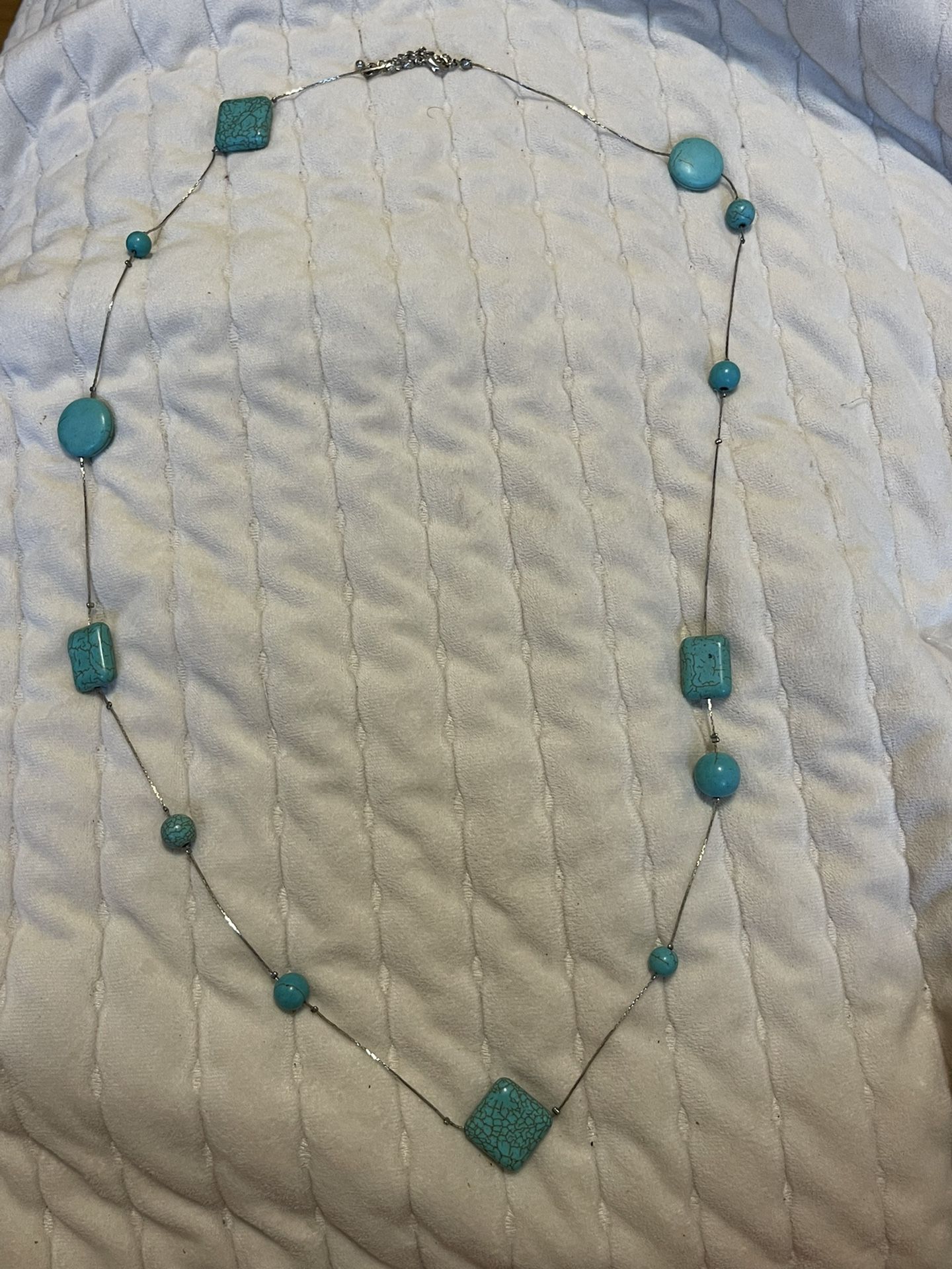 Long Silver And Turquoise Beaded Necklace 