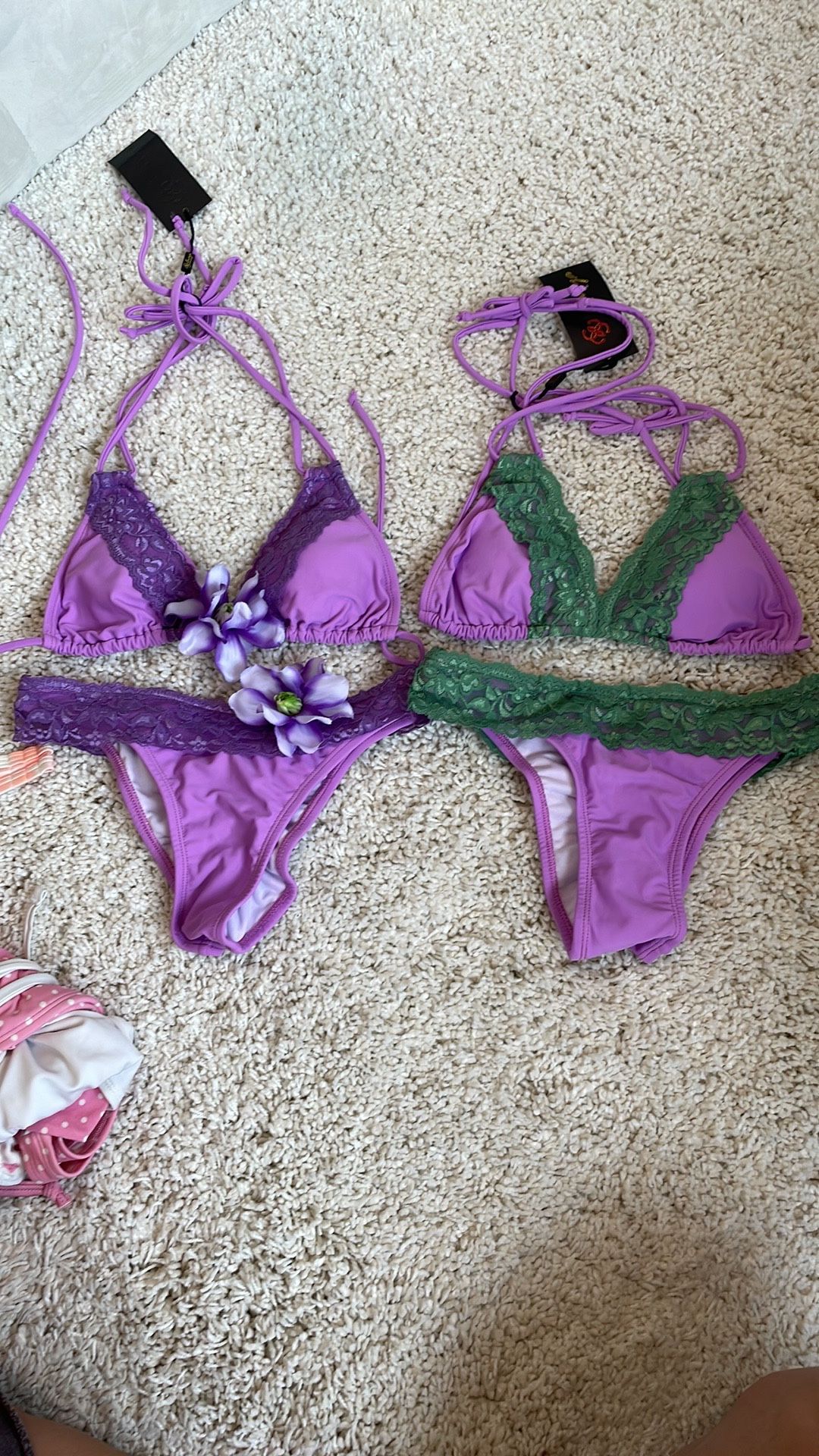 Purple Green Lace Trim Bikini Set scrunch butt small flower triangle top new set the flowers clip on 13” wide waist