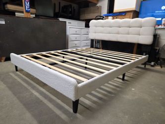 Modern White Upholstered Queen Size Platform Bed Frame