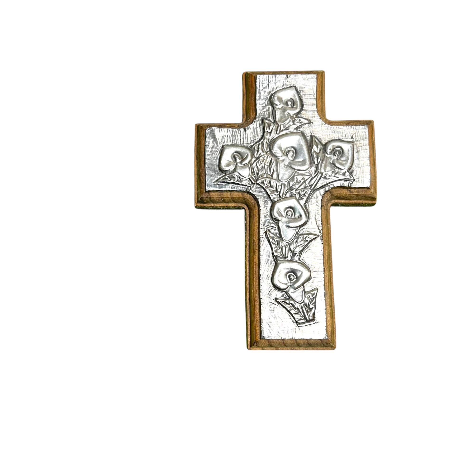 Handmade Pewter On wooden Cross 4”x6”