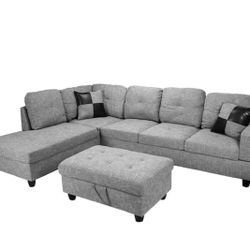 3-Piece Gray Linen L-Shaped Left-Facing Chaise Sectional Sofa with Ottoman