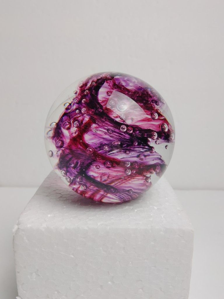 Glass Eye Studio GES Purple Glass Sphere Paperweight Bubbles Swirls Beautiful!