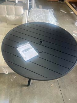 DIFY 47.2" Outdoor Dining Table for 6, Metal Slat Round Patio Table with 1.57" Umbrella Hole, Black Round Patio Dining Table for Garden Backyard Porch