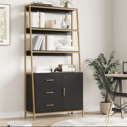3 Tier Display Storage Shelves with 3 Drawers, Gold Metal Frame Bookshelf, Black Finish
