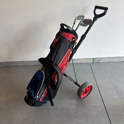 Kids Golf Bag, Cart And 3 clubs