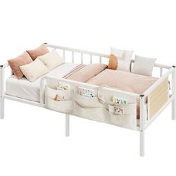 Twin Bed Frame with Bedside Caddy and Guardrail, Durable Metal Platform Bed, Noise-Free No Box Sprin