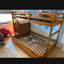 Bunk Beds Wood, Twin Top & trundle, Full Bottom, Full Drawers Set 