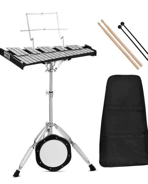 Mendini by CECILIO Student Beginner Glockenspiel Bell Kit with Muted Practice Pad, a Pair of Glockenspiel Mallets, Wooden Drum Sticks, Adjustable Stan