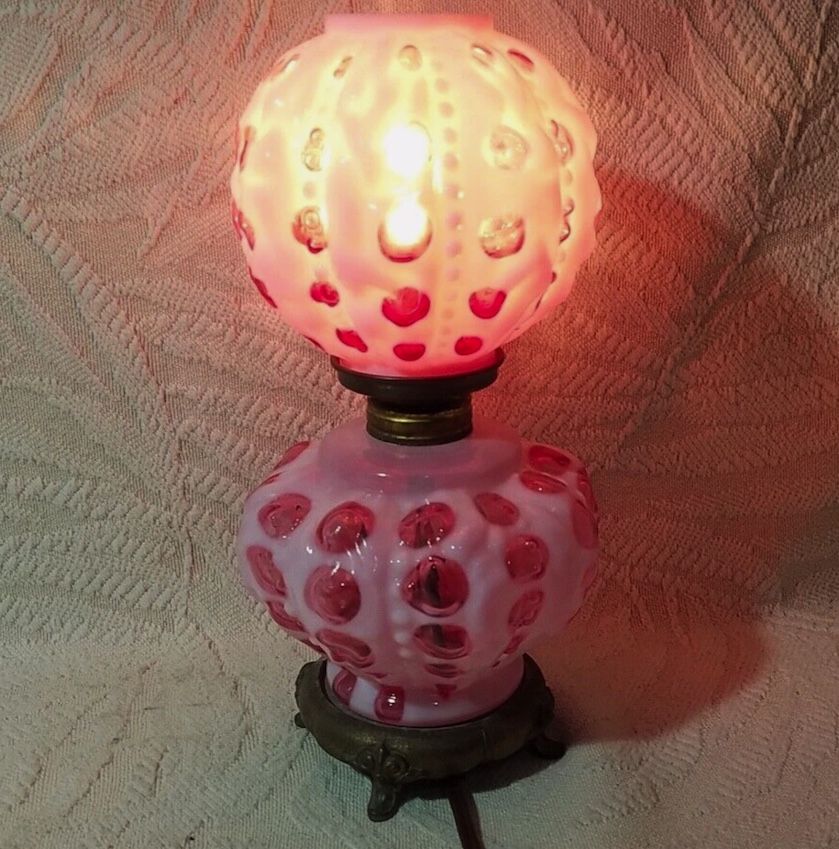 VTG FENTON CRANBERRY OPALESCENT COIN DOT & BEADED DRAPERY PATTERN 10” GONE WITH THE WIND LAMP