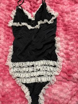 Black Lingerie Bodysuit with White Lace Ruffles