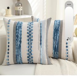 Boho Pillow Covers 18x18 Set of 2 for Couch-Modern Farmhouse Sofa Decorative Blue Throw Pillow Covers Textured Chenille Cushion Covers Outdoor Netural