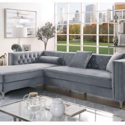 Sectional Grey Velvet, Metal Legs Chrome Finish. New Especial Price