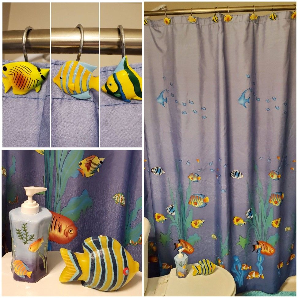 Fish/ocean shower curtain, hooks, soap dispenser, candle