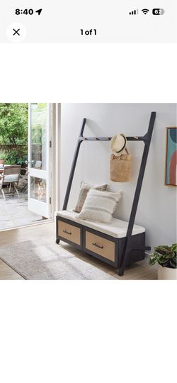 BRAND NEW - Better Homes & Gardens Springwood Entryway Hall Tree Bench and Rattan - Charcoal