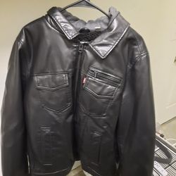 Hooded Levi's Imitation Leather Jacket Black Large