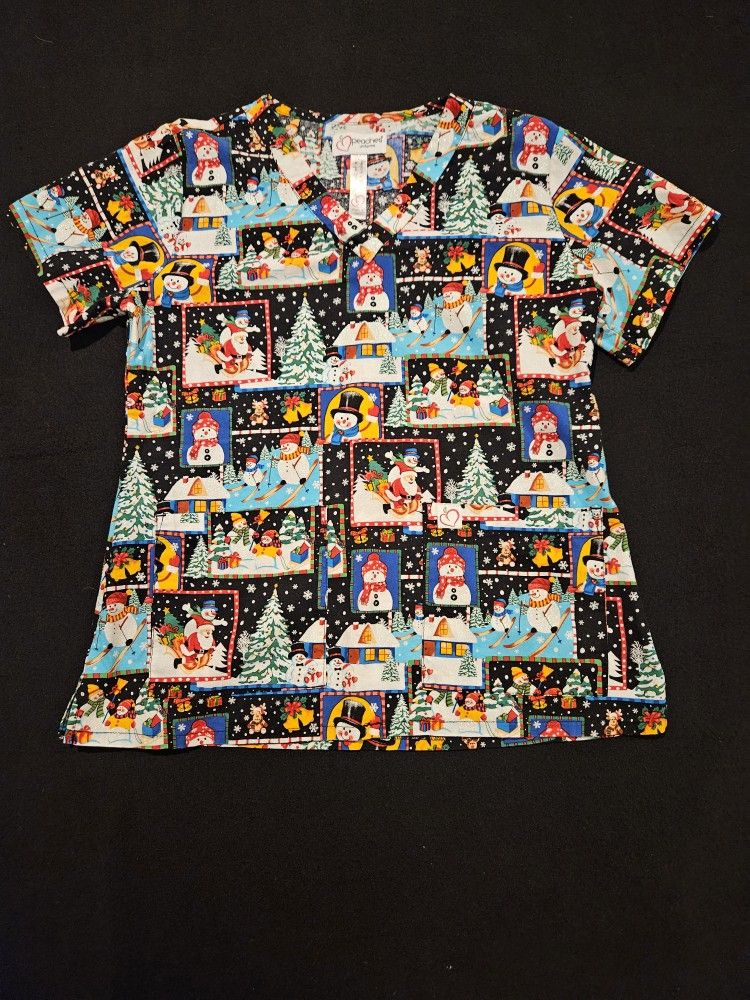 Peaches Sparkly Snowman Christmas Women's Scrub Top Size Small