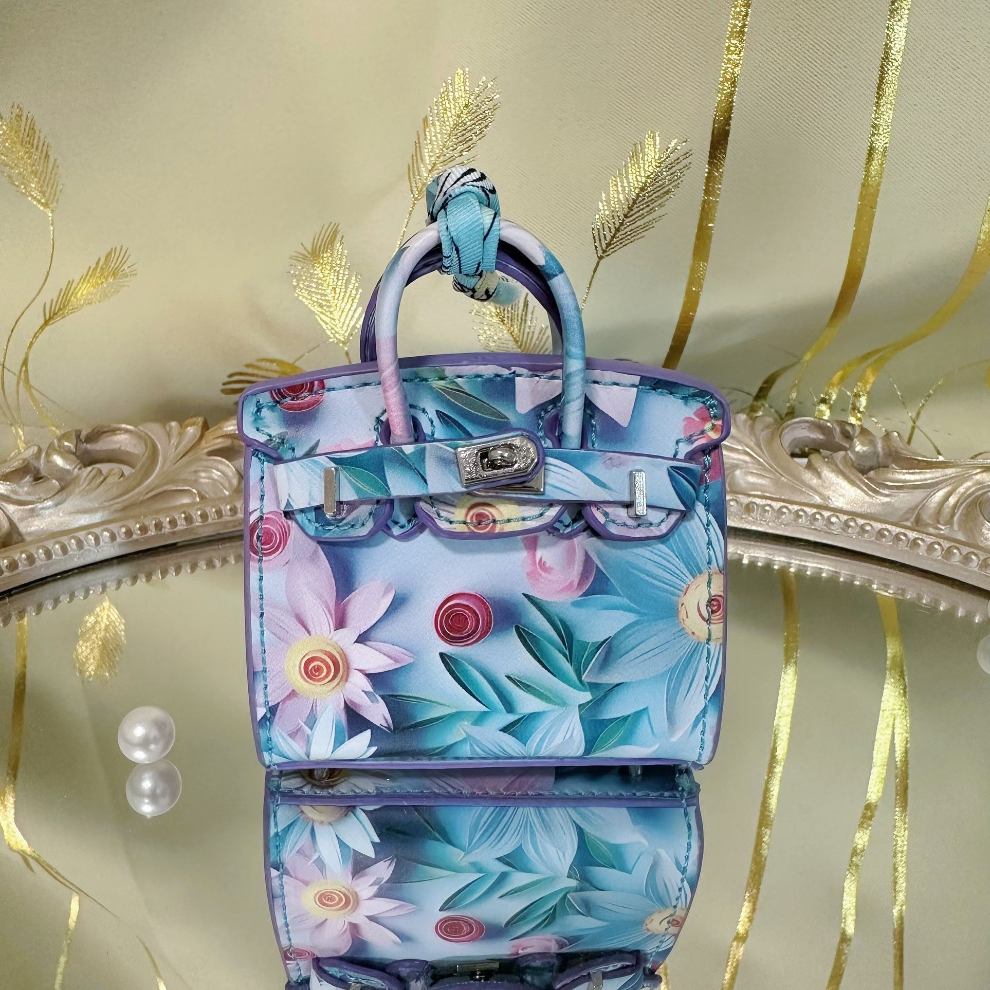 Handmade Mini Bag Charm | 3D Floral Purse Keychain | Unique AirTag Holder & Accessory