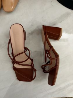 Brown leather square toe block heel sandals