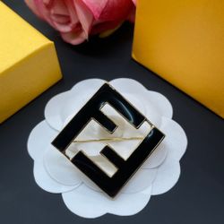 Fendi Black Square Enamel Double F Brooch Womens