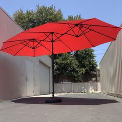 (NEW) $115 Large 15FT Double Sided Outdoor Umbrella w/ 65 LBS Plastic Weight Base (Red/Gray) 