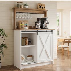 Farmhouse Coffee Bar Cabinet with Sliding Barn Door