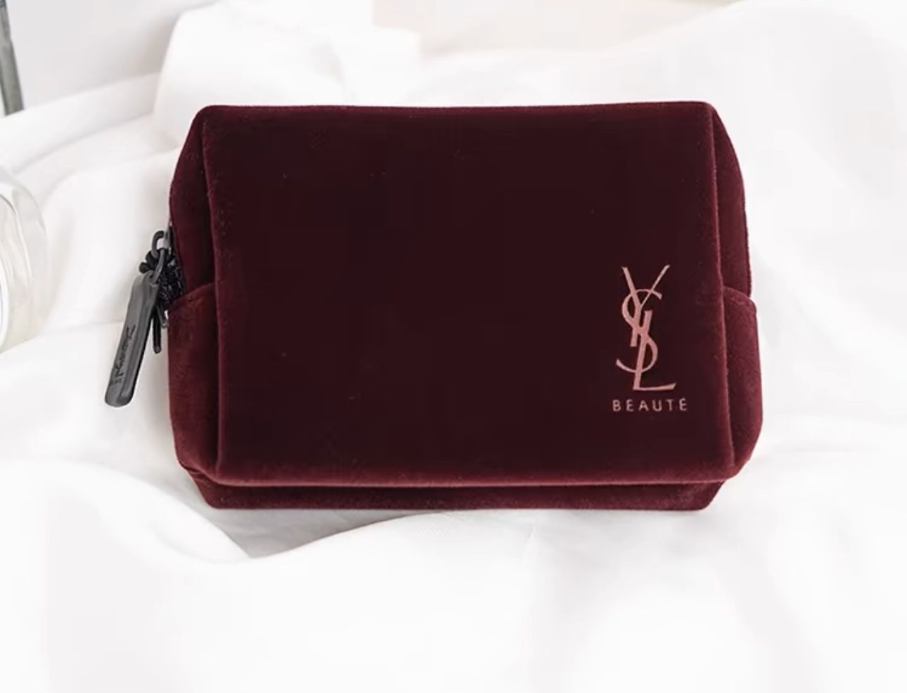 Yves Saint Laurent YSL Beauty Makeup Cosmetic Bag Travel Pouch Burgundy Velvet