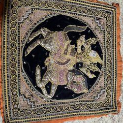 Horse Post (Enhanced)  Beautiful vintage 1970s hand embroidered horse and rider textile with detailed stitching, metallic thread, sequins, and decorat