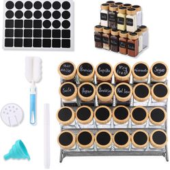 24 Pcs Glass Spice Jars with Wooden Lids | 4oz Spice Jars, Seasoning Containers Set contains 1 Funnel, Brush, Pen & 70 Blank Labels - Spice Containers