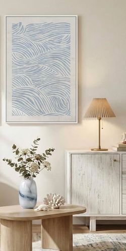 Large Minimalist Framed Abstract Coastal Blue White Wall Art. (Set 2) - Ocean Waves Lines. 24x36 each