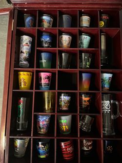 Shot Glass Collection in Wooden Display Case