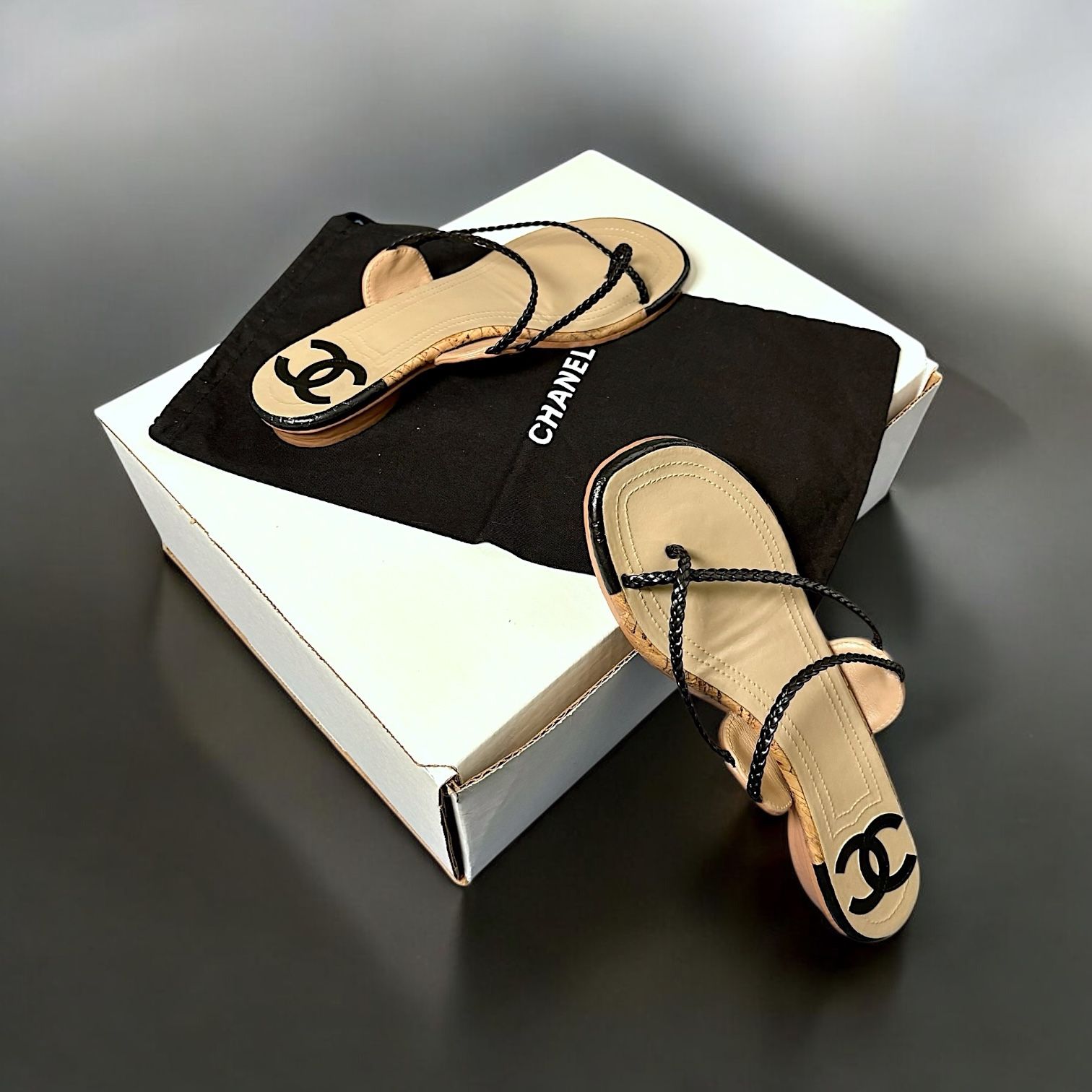 Chanel Women’s Taupe Brown Black Loop Braided Straps Cork Sandals Sz 6.5 / 37