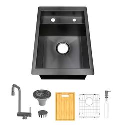 Glacier Bay Zero Radius 15 in. Undermount 18G Gunmetal Black Stainless Steel Single Bowl Workstation Bar Sink with Folding Faucet