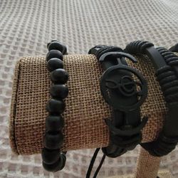 Black Faux Leather Tie Bracelets