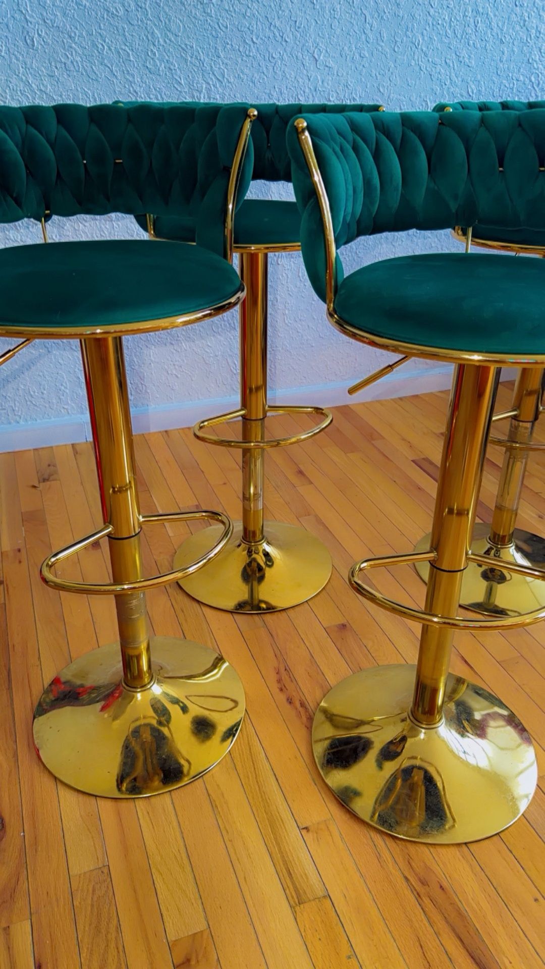 4 Green & Gold Velvet Adjustable Stools