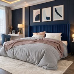 Full Size Bed Navy Blue Velvet Upholstered Bed Frame with Wingback Headboard