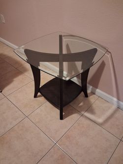 Glass Top End Table with Wood Base