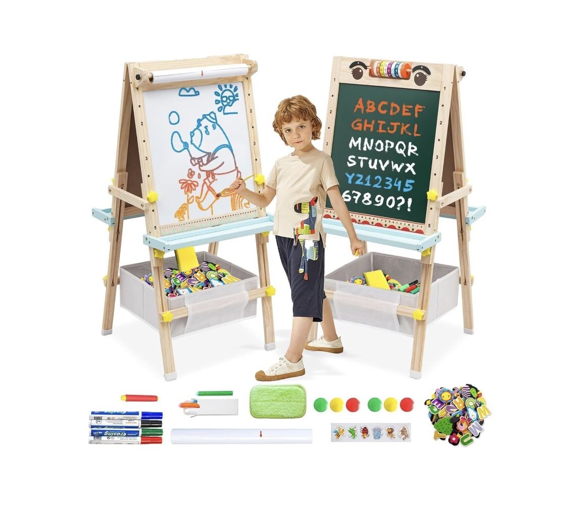 Kids Easel with Paper Roll Double-Sided Whiteboard & Chalkboard Wooden Art Easel Height Adjustable Standing Easel(A1)