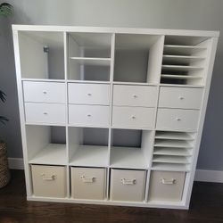 Ikea Kallax 4x4 (16 Cube) Shelving Unit With 8 Pull Out Drawers, 3 Shelving Inserts, And 4 Metal Pull Out Bins (White)