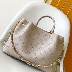 Louis Vuitton Light Grey Perforated Tote Bag with Gold Chain - Chic as New! 🤍✨