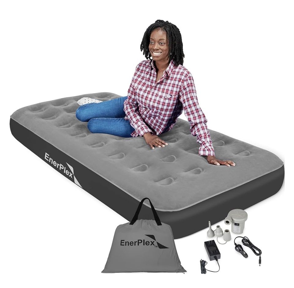 EnerPlex Never-Leak Camping Series Twin/Queen Camping Airbed with High Speed Pump Air Mattress Single High Inflatable Blow Up Bed for Home Camping Tra