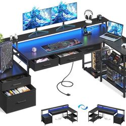 L Shaped Desk with 5 File Drawers, 75" Reversible L Shaped Computer Desk with Power Outlet & LED Strip, Office Desk with Storage Shelves, Gaming Table