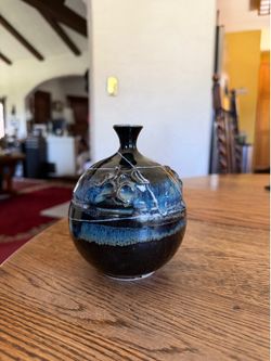 Vintage Studio Pottery Bud Vase, Blue Swirl Glaze Signed Colby 6”