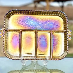VTG Indiana Glass 5-Section Relish Tray Iridescent Gold/Marigold Carnival Glass