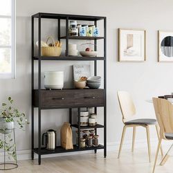 5-tier Iron Bookcase with 2 Drawers, Industrial Tall Bookshelf with 7 open storage shelves, Free Standing Display shelf with Metal Frame