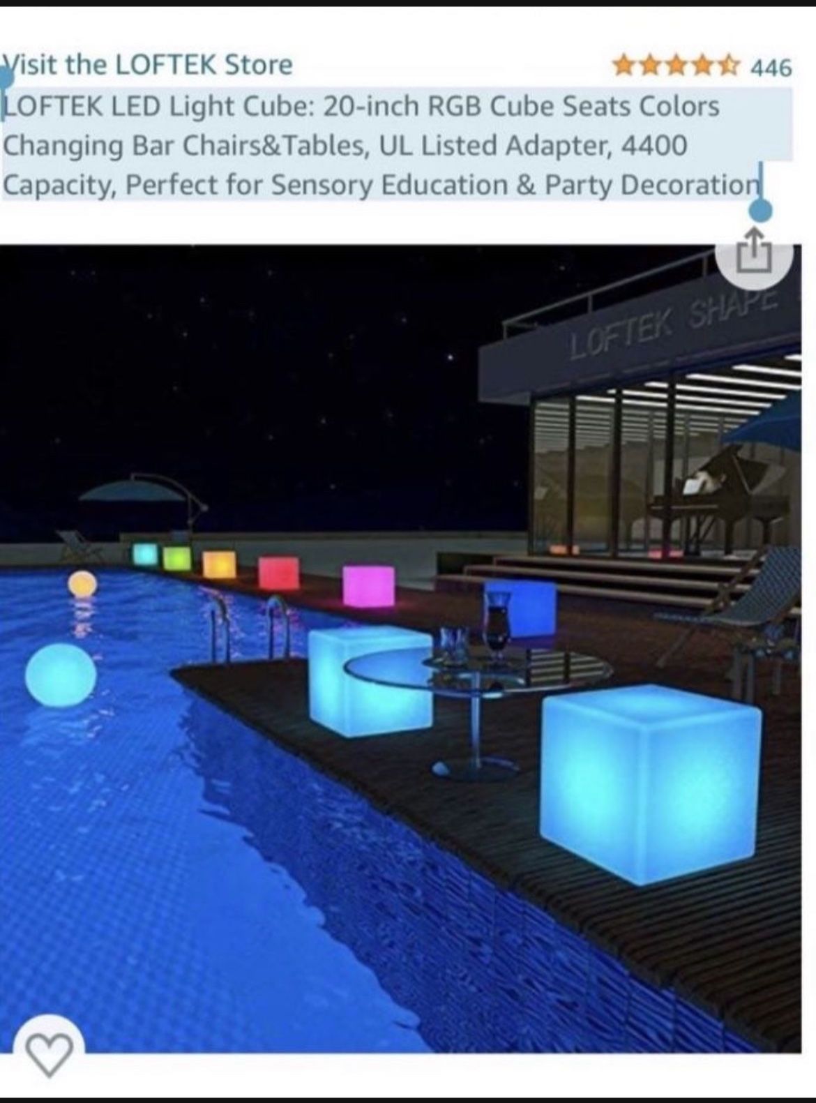 LOFTEK LED Light Cube: 20-inch RGB Cube Seats Colors Changing Bar Chairs&Tables, UL Listed Adapter, 4400 Capacity, Perfect for Sensory Education & Par