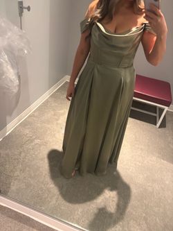 Davids Bridal Charmeuse Off-Shoulder Eucalyptus Green Dress Size 12