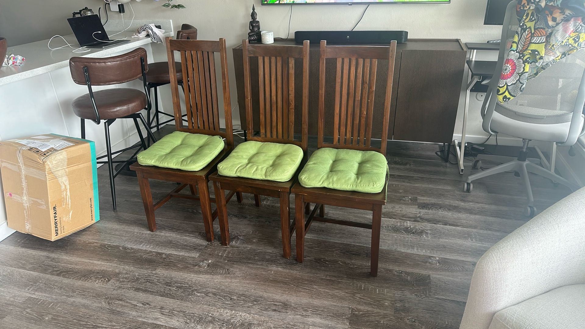 Good Condition: Set Of Three Tommy Bahama Wooden Dining Room Chairs + Cushions ($150)