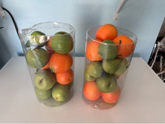 Decorative Faux Fruit Lot - Artificial Green Apples & Oranges (2 Tall Containers)