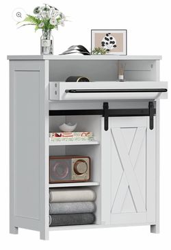 New - White Farmhouse Storage Cabinet – Sliding Barn Door & Pull-Out Tray - White