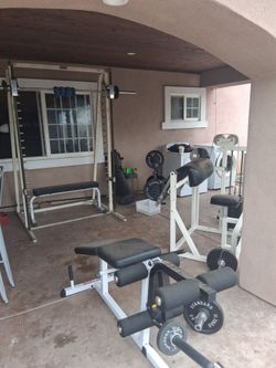 Smith machine,  preacher, leg machine n dumbells from 10 lbs to 50 lbs..